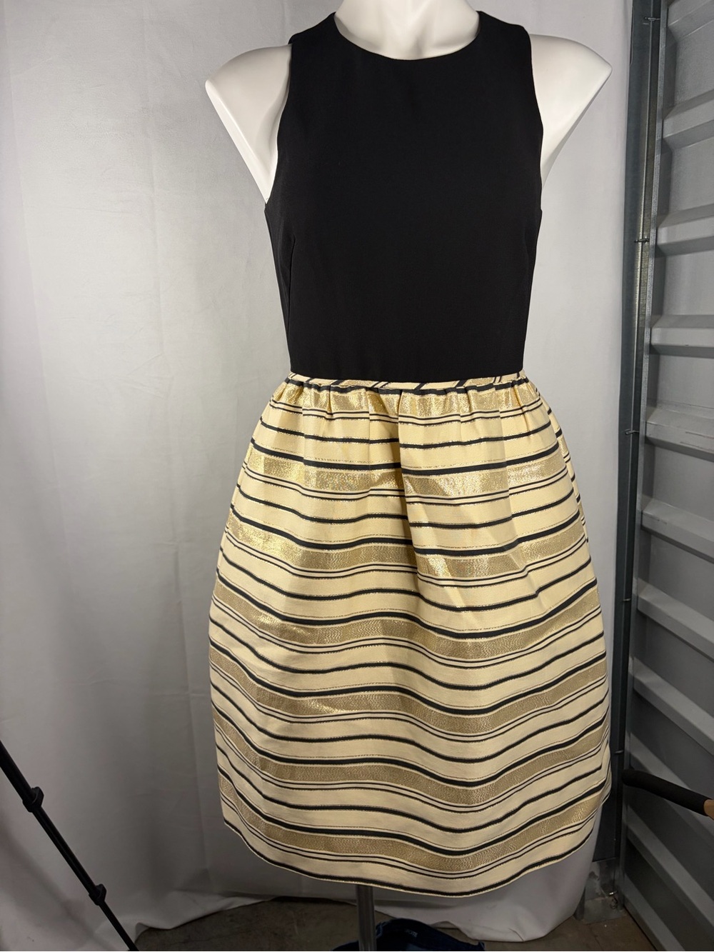 J. Crew Black Bodice Cream and Gold Striped Skirt Fit-and-Flare Dress